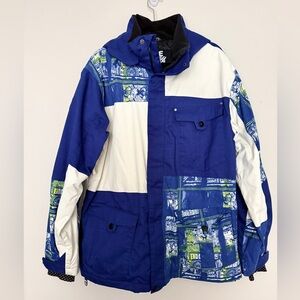 Ride Snowboards Blue and White Patchwork Hooded Ski /Snow Jacket Mens Size L